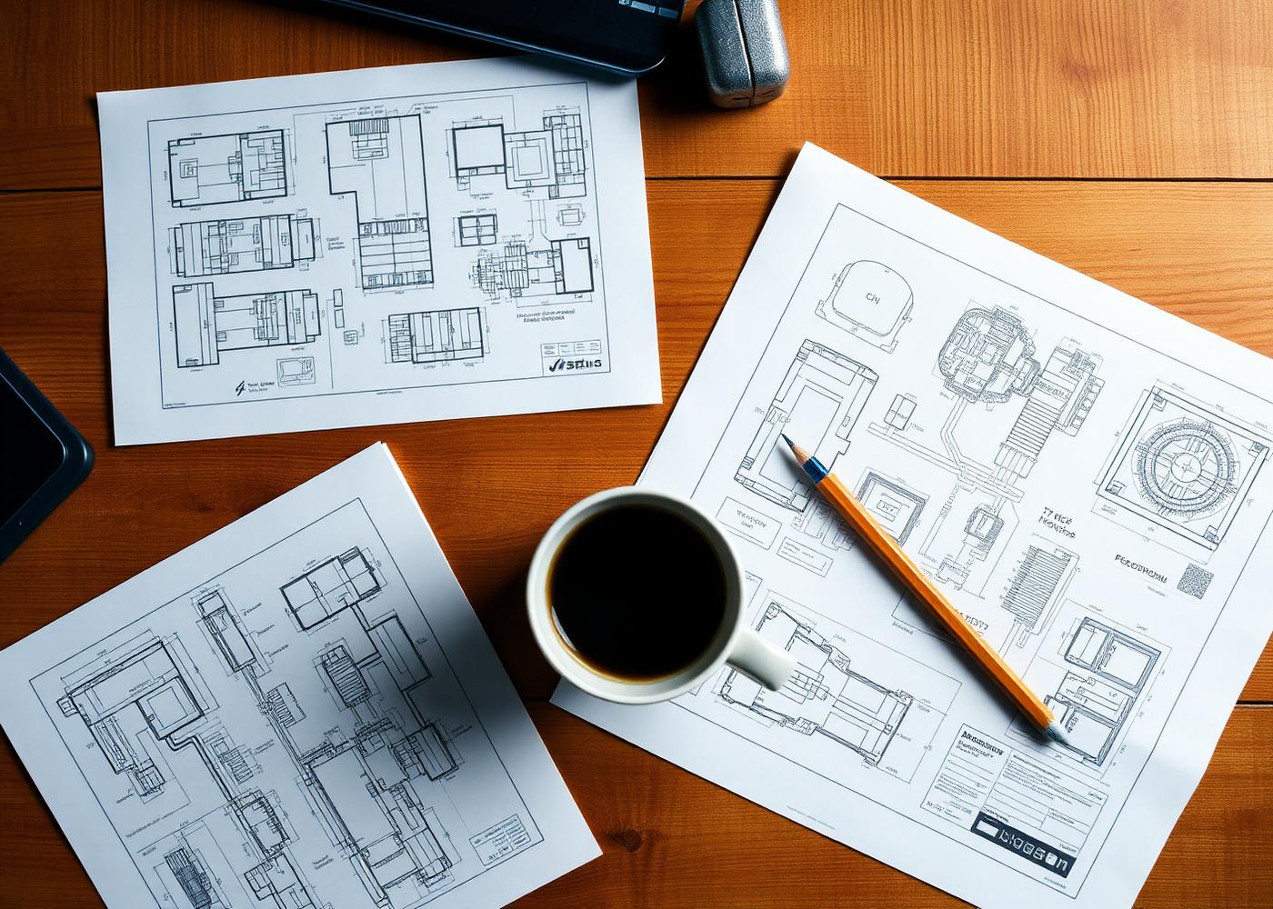Blueprints and coffee cup on desk