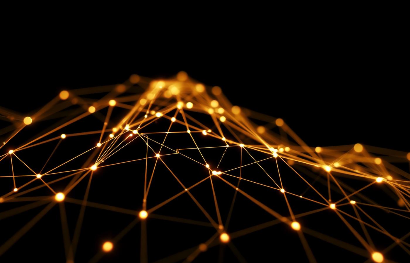 Abstract network of glowing amber connection points on a black field