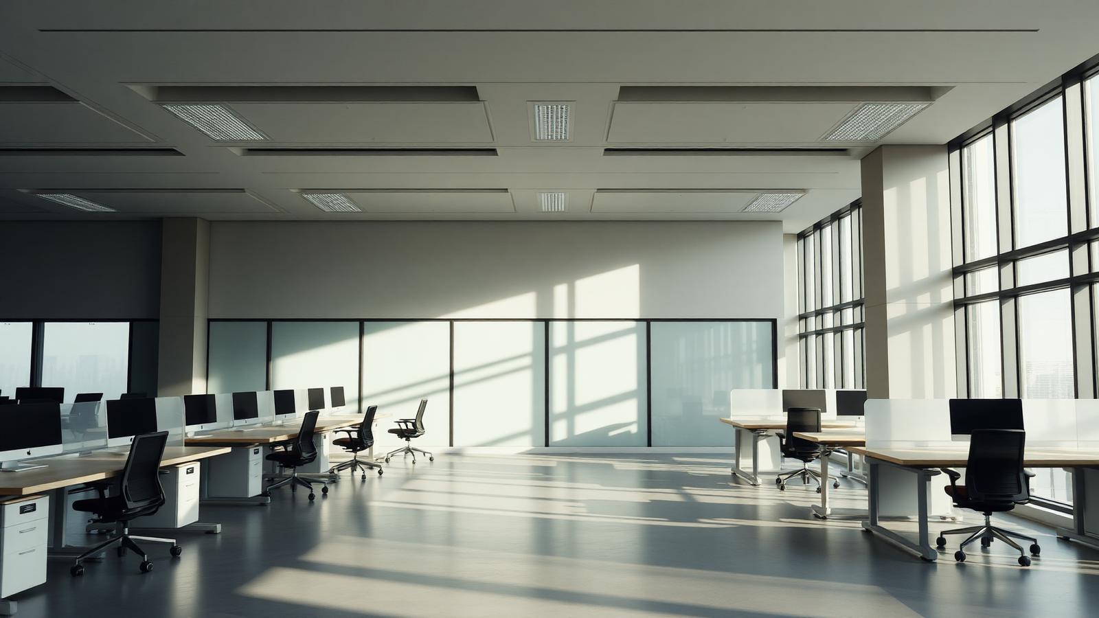 Empty modern office bathed in soft daylight