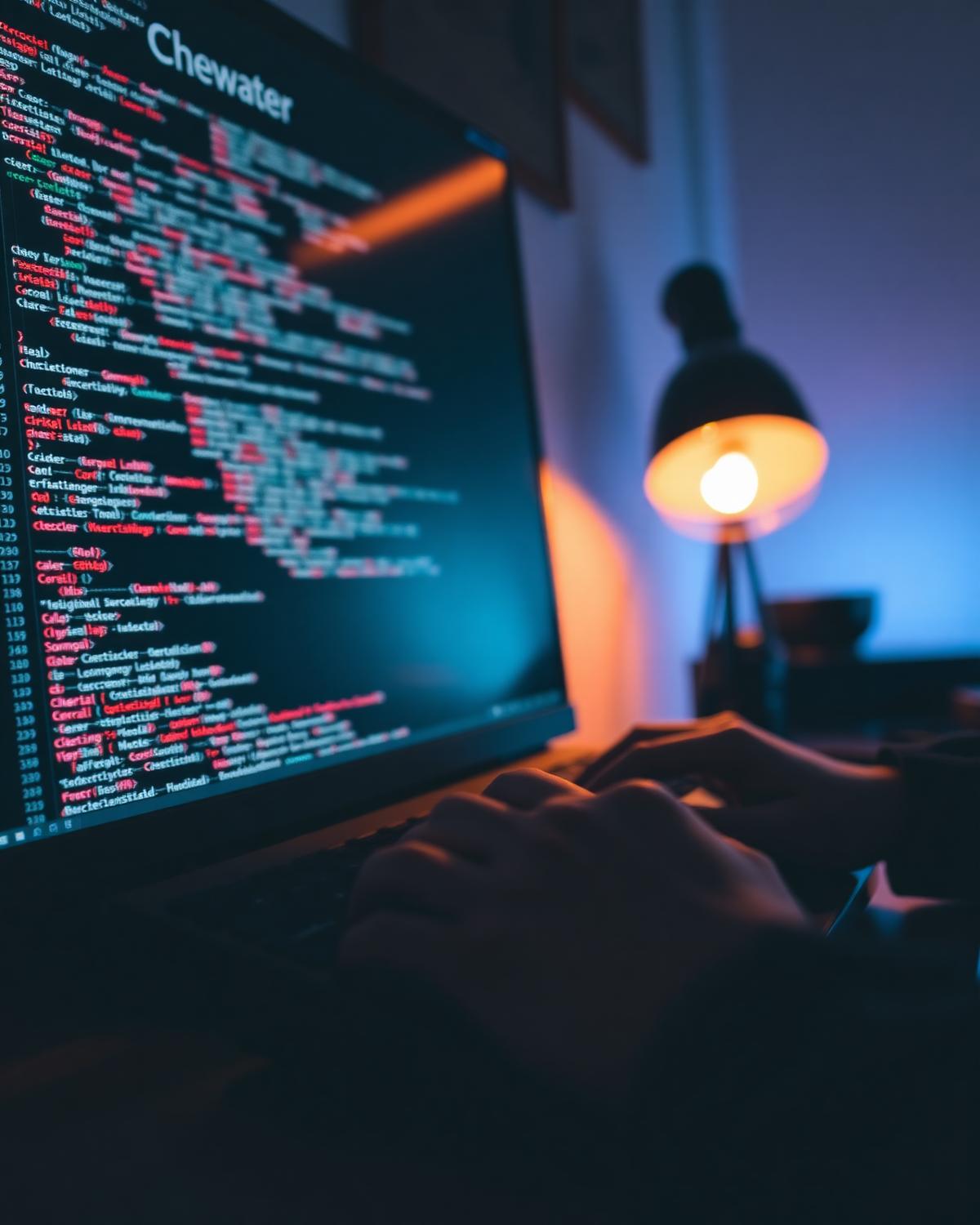 Developer coding at a desk lit by a warm lamp